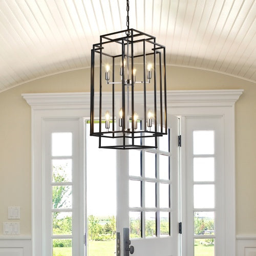 8-Light Tiered Lantern Chandelier – Industrial Farmhouse Ceiling Fixture